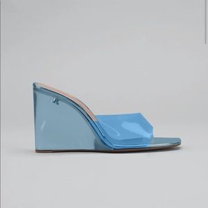 Amina Muaddi glass blue lupita wedge